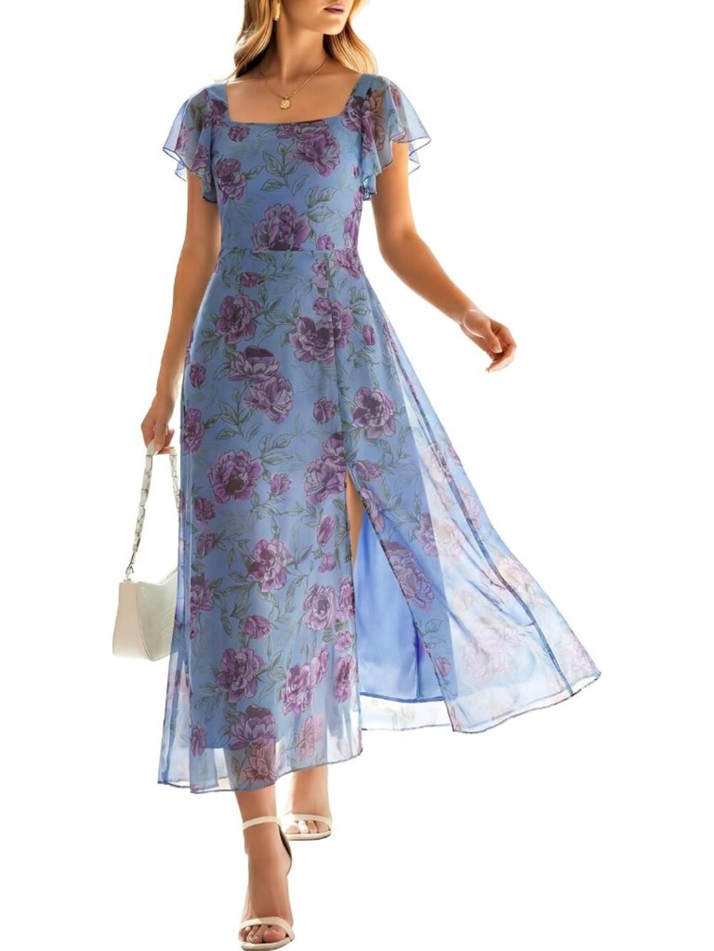 Women's Purple Floral Blue Square Neck Floral Tulle Wedding Guest Midi Dresses